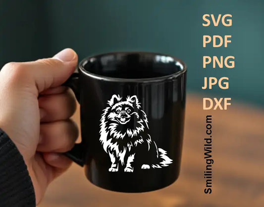 Black vector graphic of a sitting Pomeranian dog – downloadable SVG, PNG, DXF bundle for laser engraving and Cricut DIY projects