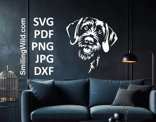 Vector clipart of a smiling German Wirehaired Pointer dog in white, ideal for decals and laser engraving