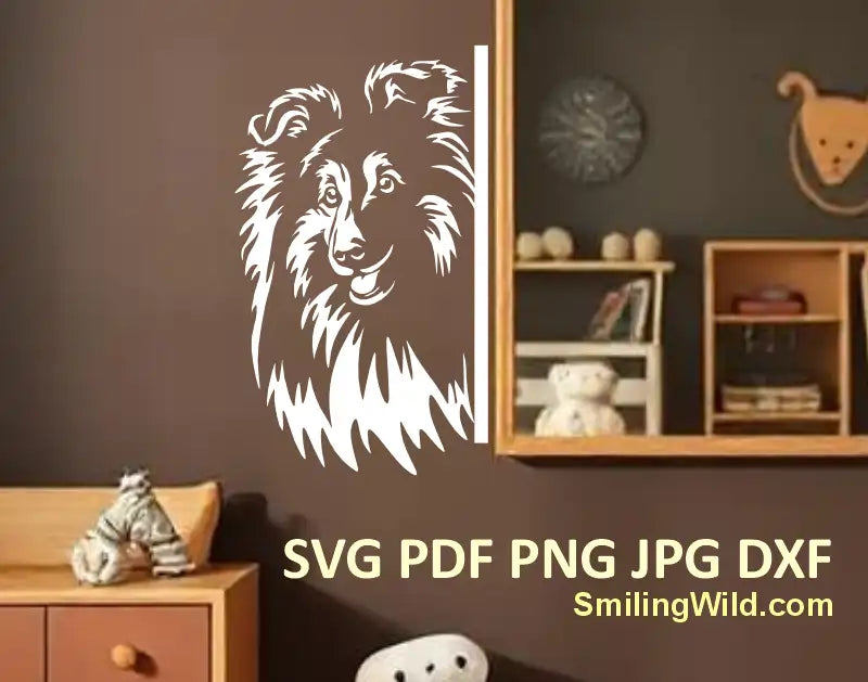 smiling Shetland Sheepdog corner peeking SVG, PNG & DXF for engraving crafts