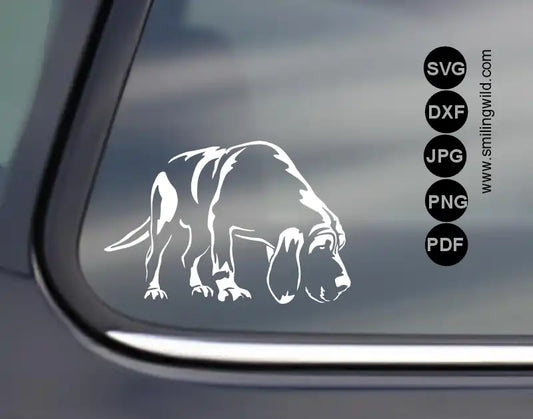 Hand drawn sniffing Bloodhound white png and dxf vector art for high-contrast laser engraving on dark materials.