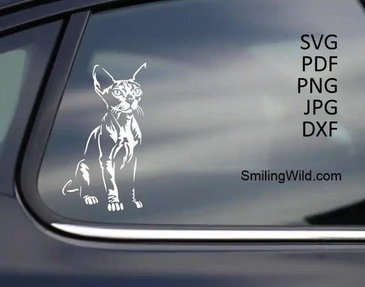 A car sticker showing a Sphynx Cat vector DXF and PNG files for crafting on dark backgrounds