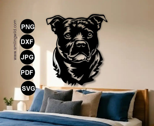 Staffordshire Bull Terrier SVG and DXF single piece cutting file visualisation as a laser-cut black metal hanging wall sign.