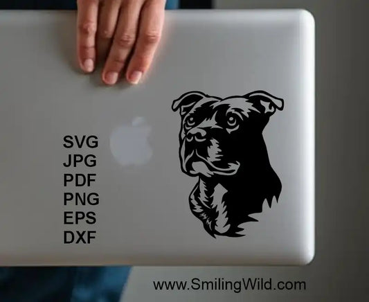Staffy pet svg png logo design showing a laptop cover vinyl decal that can be cutted on Cricut and laser engraving file