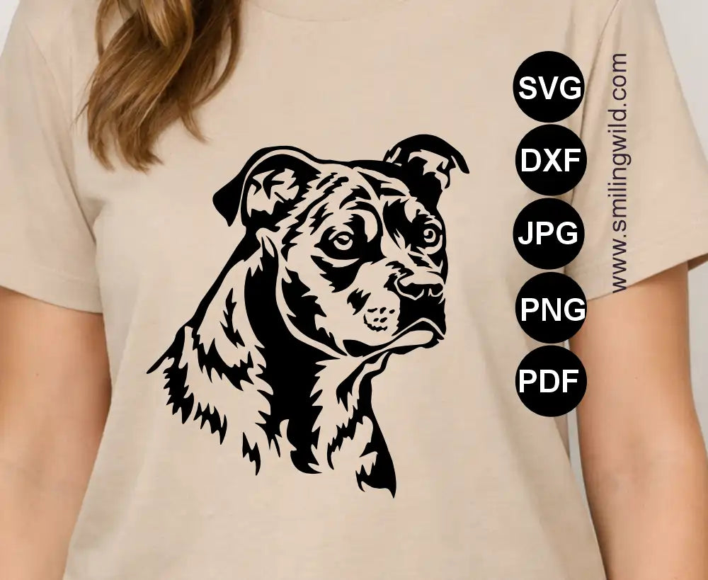 Realistic American Staffordshire Terrier (Staffy) face portrait in SVG and PNG vector graphic files for Cricut and laser