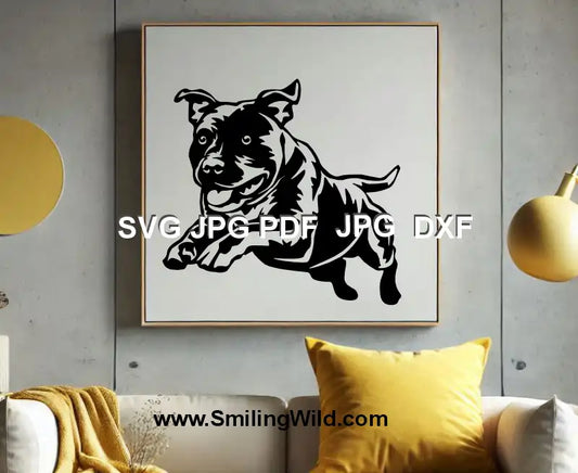 DXF file of jumping Staffy dog – black vector clipart for laser engraving and cutting