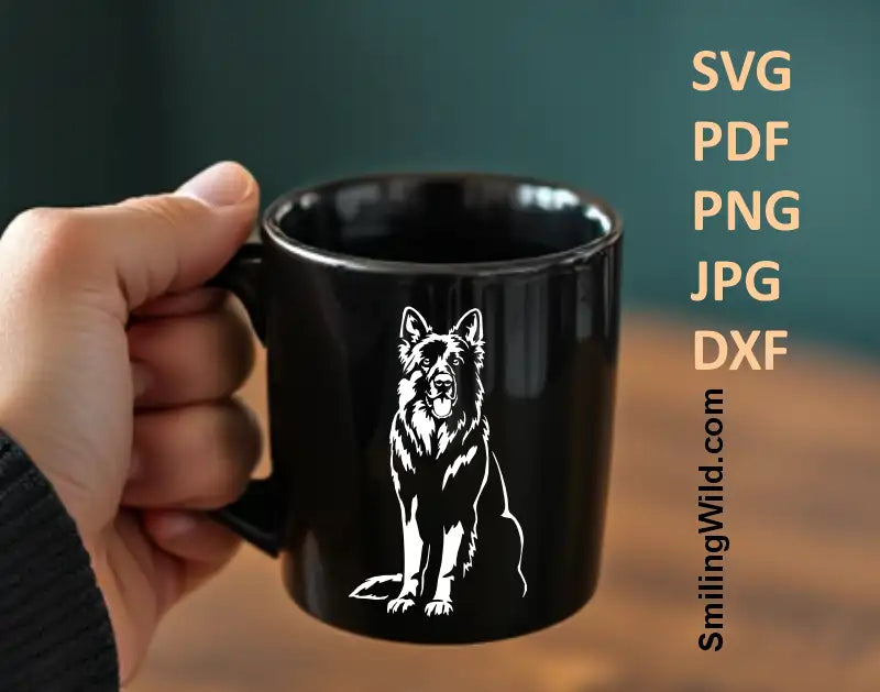 german shepherd svg and dxf vector graphic design used as a white decal on a black mug