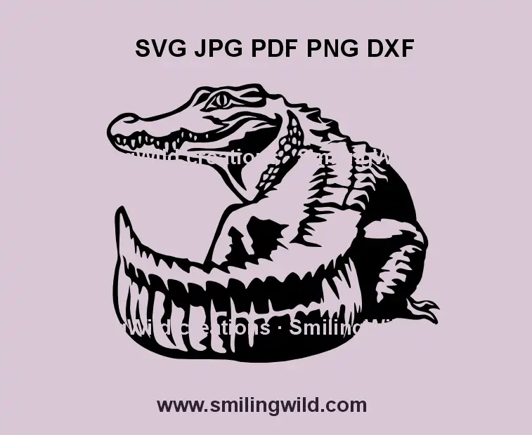 Realistic smiling crocodile looking over the shoulder in SVG graphic clipart for wildlife laser cutting and engraving projects