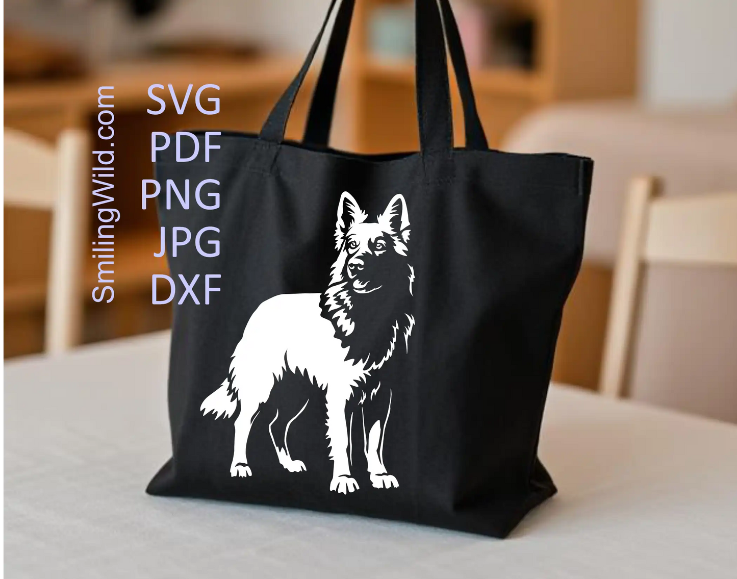 White Swiss Shepherd clipart cutting file shown on black tote bag to present this full body dog in white vector style