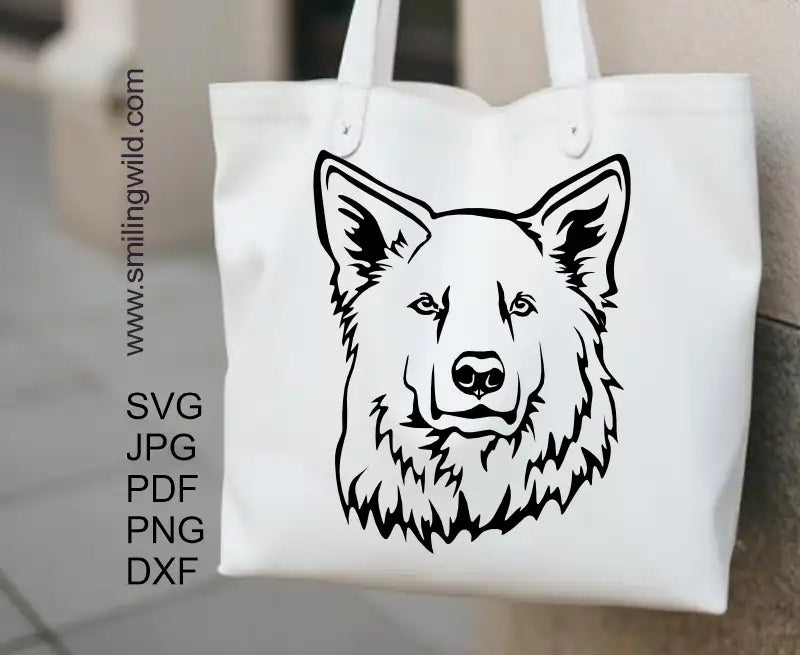 Swiss Shepherd dog Frontal face clipart SVG PNG DXF cutting file represented as a tote bag design
