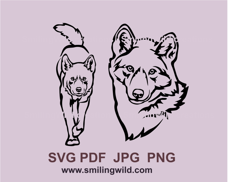 two dingo svg grahic images - one is a walking dingo and a dingo face