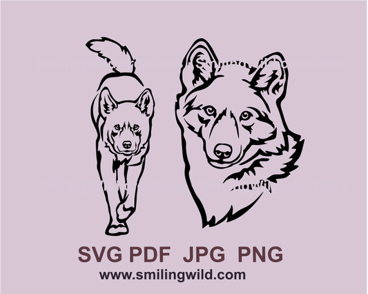 two dingo svg grahic images - one is a walking dingo and a dingo face