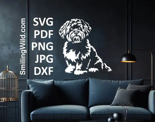 a wallart design of a White Bolonka Zwetna dog DXF clipart – fluffy seated toy breed graphic for cutting machines