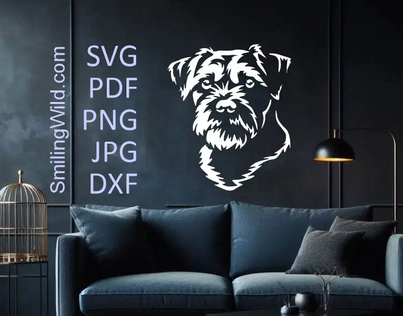 a wall decal showing a PNG of Border Terrier white head digital clipart – ideal for dark surfaces and personalized gifts