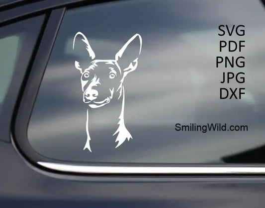 A black car window sticker with a sticker of PNG of white Cirneco dog face clipart for dark vinyl and etching
