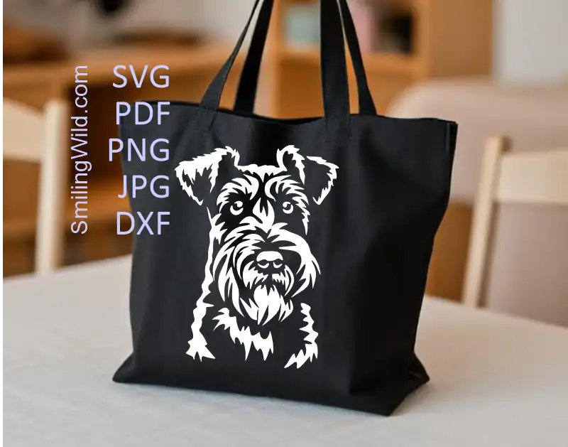 White Wirehaired Fox Terrier DXF & PNG head design printed on a tote bag to adveritise drawings for Cricut, Silhouette, and craft machines