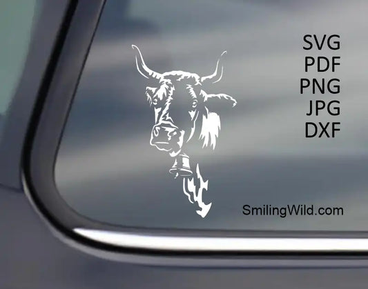 A car decal presenting the Simmental Cow White Clipart, emphasizing the clean vector lines and rustic appeal on a dark surface.