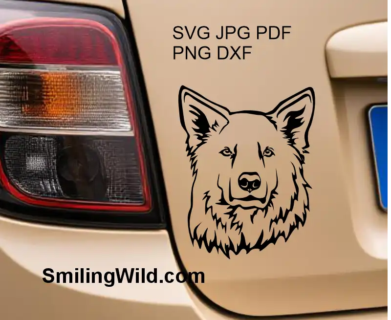 A car sticker of a White Swiss Shepherd dog DXF PNG digital clipart frontal face design for crafts, vinyl decals, and engraving