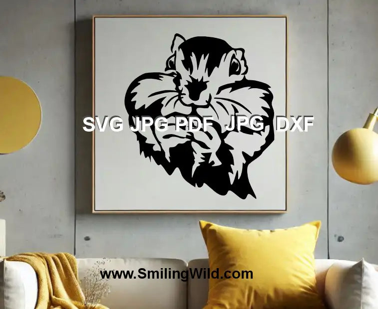 DXF wildlife chipmunk design for nature-themed engraving and cutting machines displayed as a wall art design