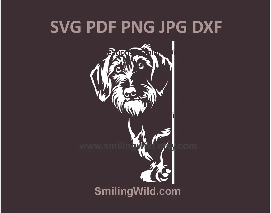 Wirehaired Dachshund peeking SVG – Black & white corner dog clipart for laser cutting