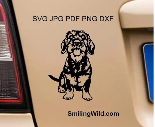 Full-body sitting Wirehaired Dachshund with its tongue out, visualized as a black vinyl car decal using an SVG and PNG vector clipart design.