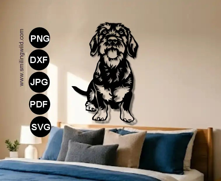 a visualisation of Wirehaired Dachshund SVG, png and dxf laser CNC and Cricut cut file for metal and wood cutting shown as a laser-cut steel full-body dog sign mounted on a wall.