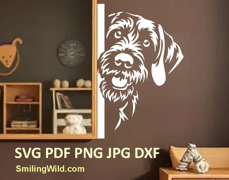 Realistic wirehaired Pointer SVG and DXF clipart for download in white for engraving, DIY decor, and pet logo projects
