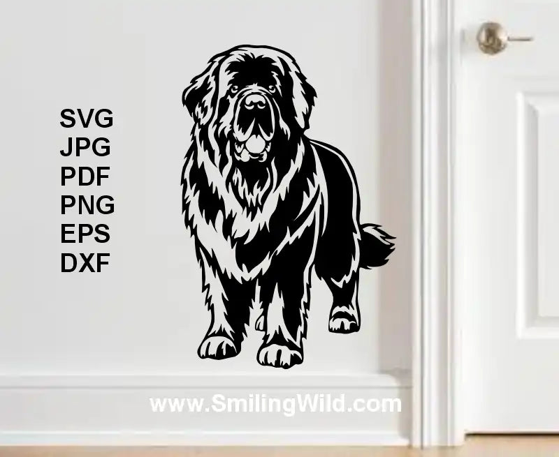 Black Newfoundland dog illustration in vinyl sticker on a white wall with file format options - svg png dxf clipart.