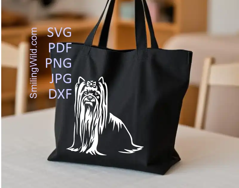 a tote bag design of Yorkshire Terrier in full length white clipart made of digital cutting file for crafts and machines