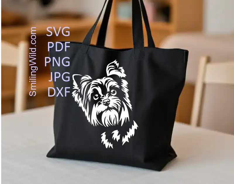 a tote bag representing white Yorkshire Terrier face made of SVG and DXF digital design for laser cutting, Cricut, and crafting