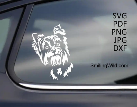 A car decal representing Yorkshire Terrier peeking white vector graphic PNG file for cut files and crafting projects