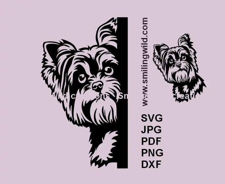Yorkshire Terrier SVG, png, clipart showing black Yorkie peeking around a corner an a full head with curious eyes for craft making on Cricut and laser devices