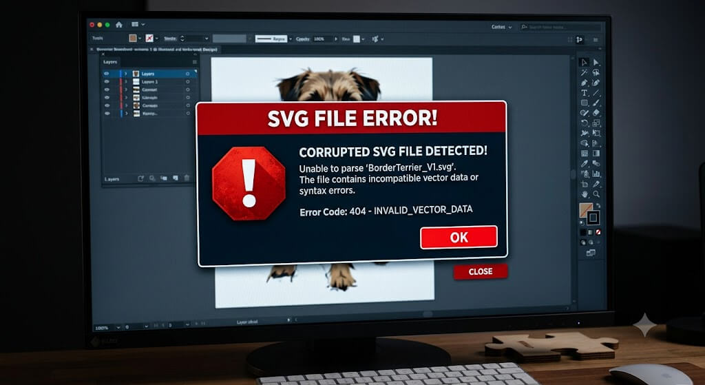 SVG file error message displayed on screen showing file opening or compatibility failure in design software.