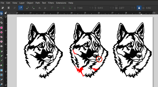 Before and after comparison of a Norwegian Elkhound vector design showing how to add bridges to create a one-piece cut file for laser and CNC.
