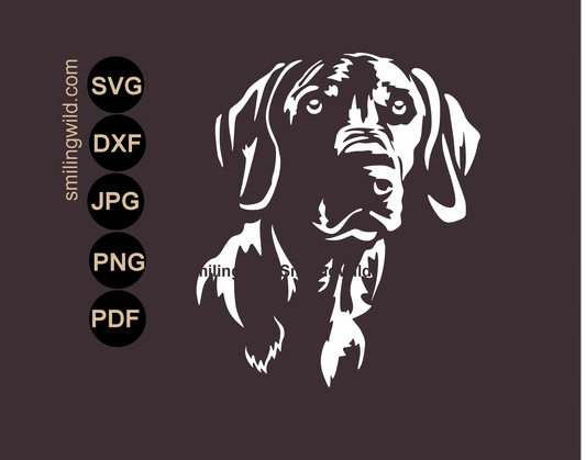 Weimaraner svg vector clipart dog white cut file art - a frontal face portrait, optimized for high-contrast dark backgrounds.