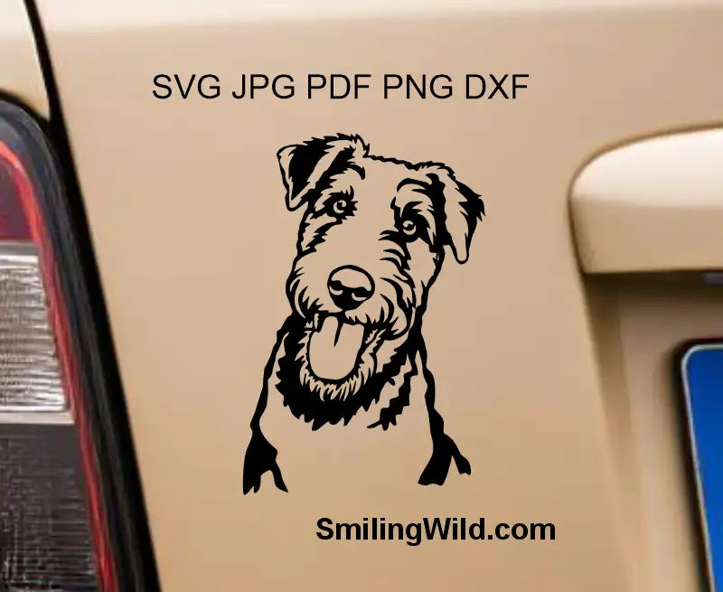 Airedale Terrier PNG, and dxf graphic clipart design showing a dog face in a frontal positon as a car sticker preview image.