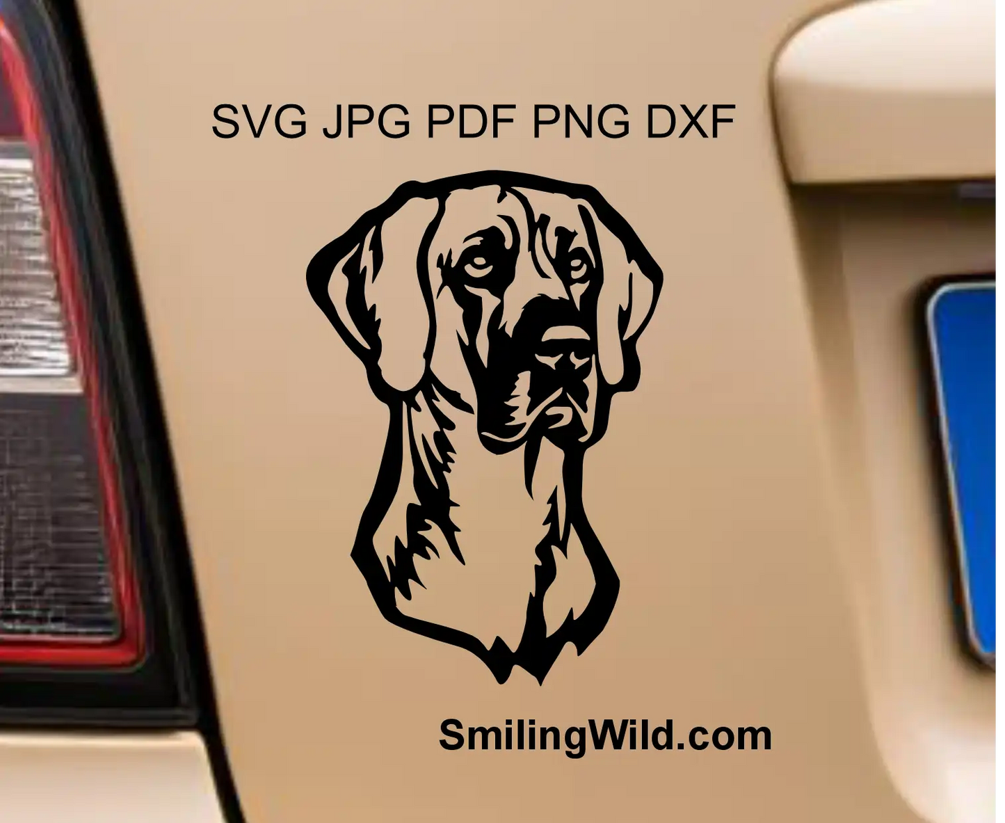 A car decal visualisation for Bold technical artwork drawing of a Great Dane head portrait with a transparent background in PNG graphic format.