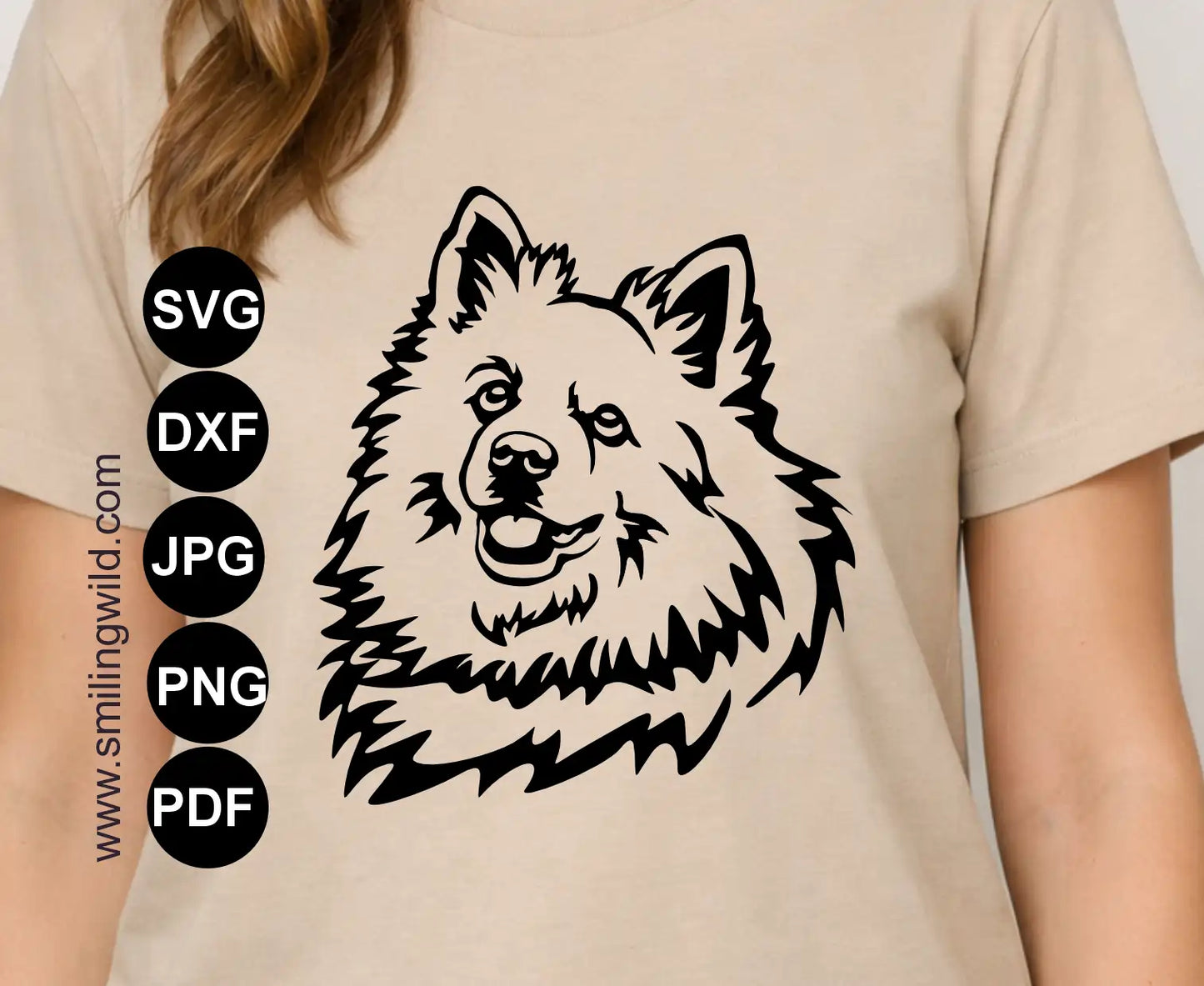 Technical  art illustration of a Volpino Italiano face with open mouth clipart graphic with a transparent background in PNG graphic format fro Cricut and laser cutting