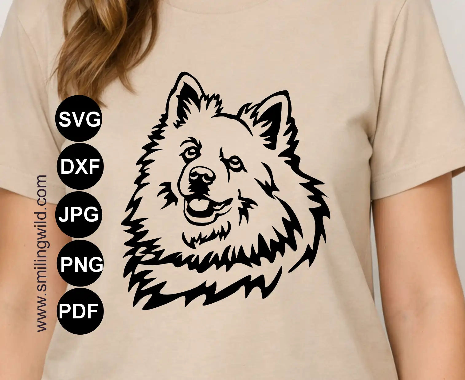 Technical  art illustration of a Volpino Italiano face with open mouth clipart graphic with a transparent background in PNG graphic format fro Cricut and laser cutting