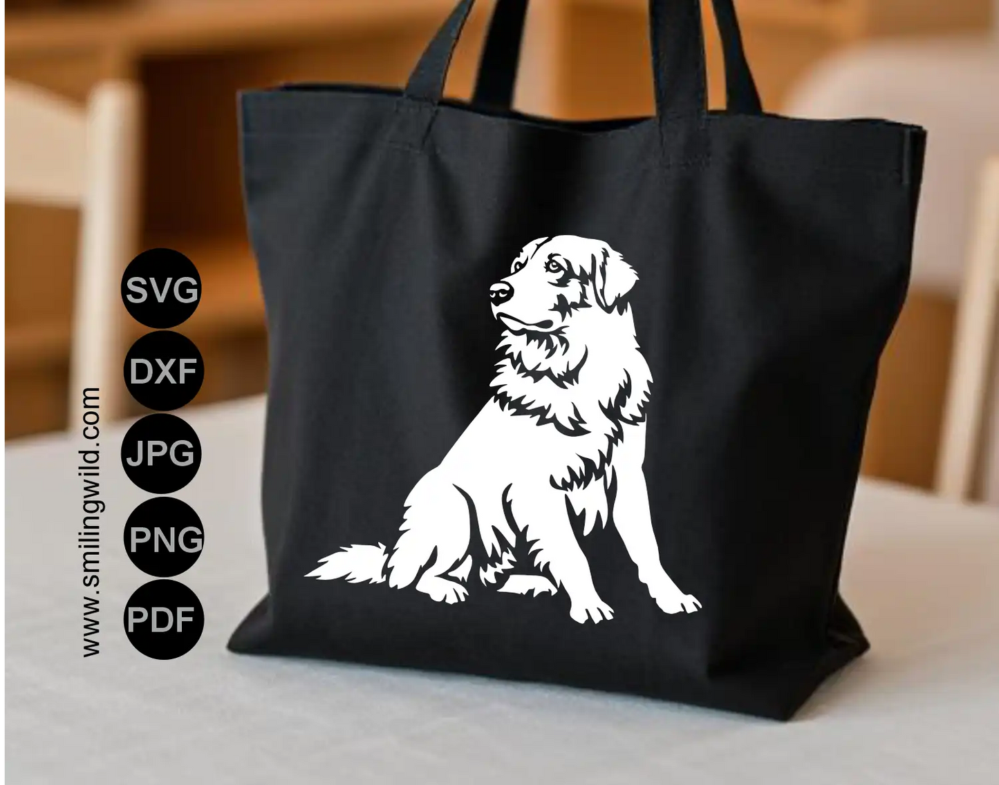 High-contrast white dxf vector graphic design tracing the calm, sitting posture and thick coat details of a Maremma Sheepdog visualized as a tote bag print
