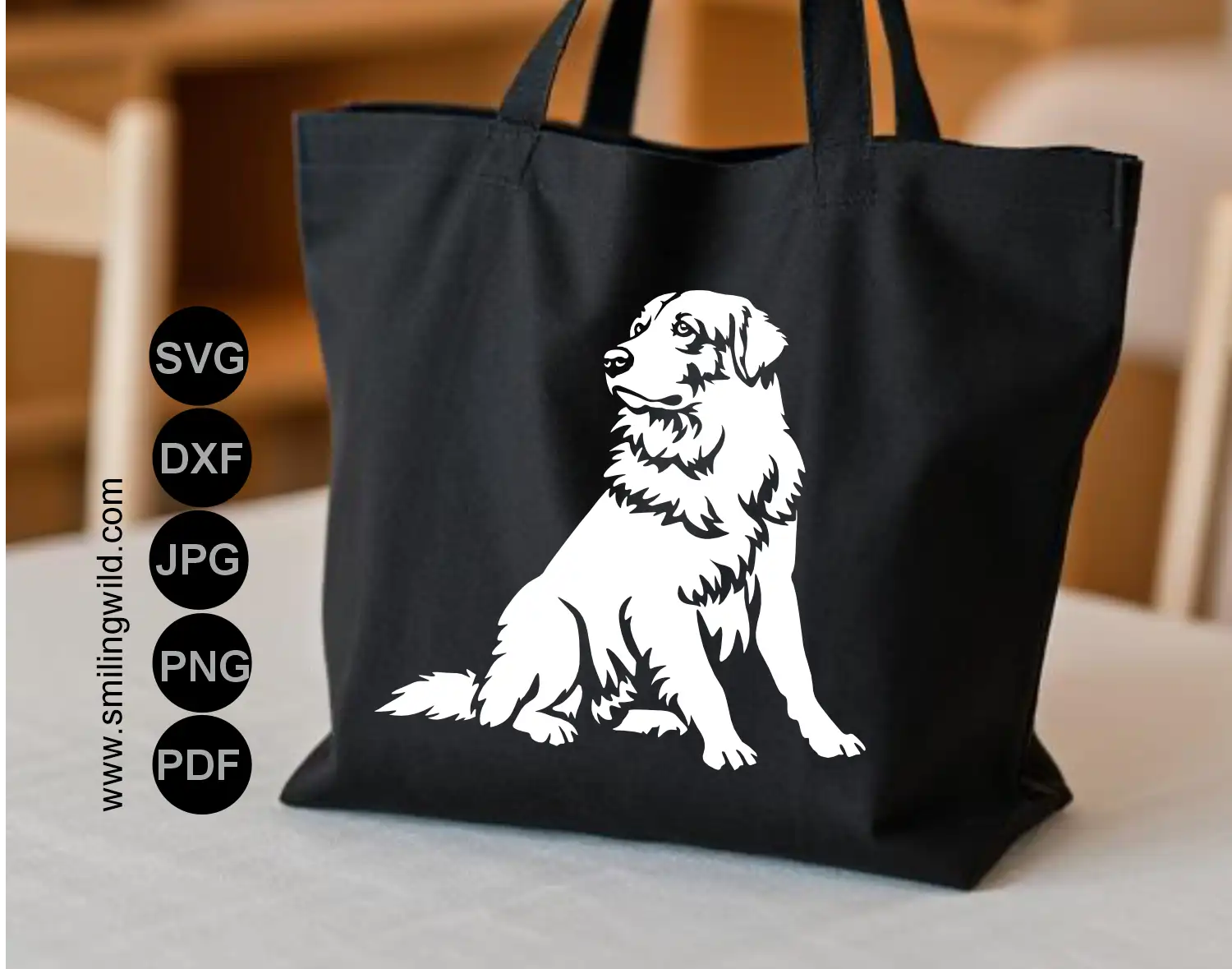 High-contrast white dxf vector graphic design tracing the calm, sitting posture and thick coat details of a Maremma Sheepdog visualized as a tote bag print