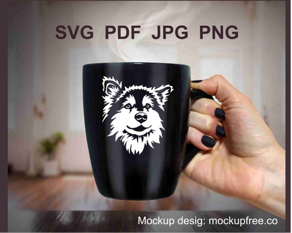 White alaskan malamute on a dark mug