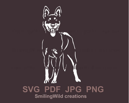 White graphic art of kelpie dog who is standing and smiling