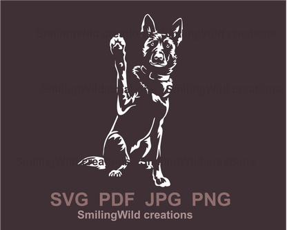 White dog graphic design showing a dutch shepherd who is sitting and giving its paw