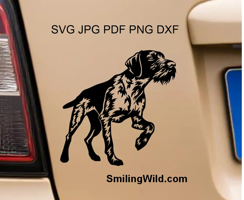 full body German Wirehaired Pointer in pointing positin png black vector clipart for cricut cutting, laser engraving and vinyl decals