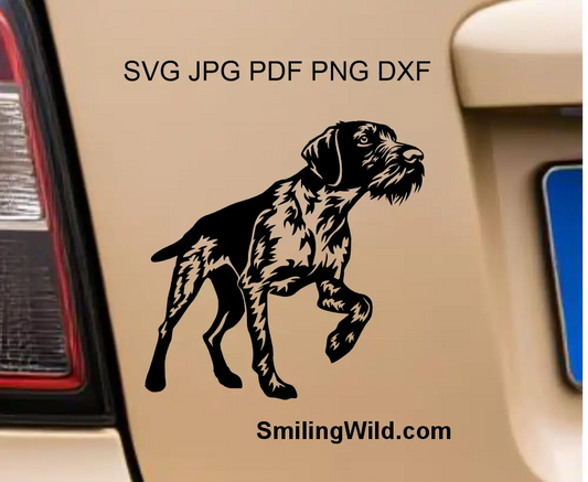 full body German Wirehaired Pointer in pointing positin png black vector clipart for cricut cutting, laser engraving and vinyl decals