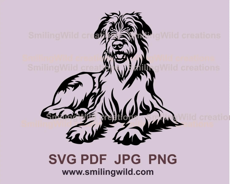 Lying Irish wolfhound peeking towards us, made in graphic black line art