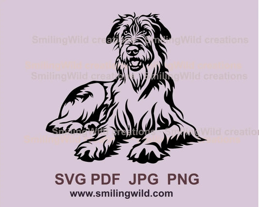 Lying Irish wolfhound peeking towards us, made in graphic black line art