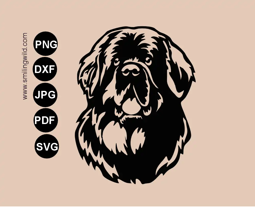 Preview of a Newfoundland SVG cut file head portrait showing a detailed realistic, frontal dog head graphic drawing.