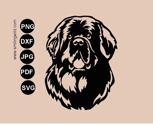 Preview of a Newfoundland SVG cut file head portrait showing a detailed realistic, frontal dog head graphic drawing.