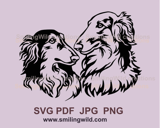 Borzoi Hund SVG Clip Art Doppelportrait, Scenthound Vektor Grafikdatei, Hund Doppelportrait